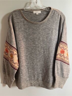 THML Gray Crewneck Sweater with Embroidered Floral Sleeves